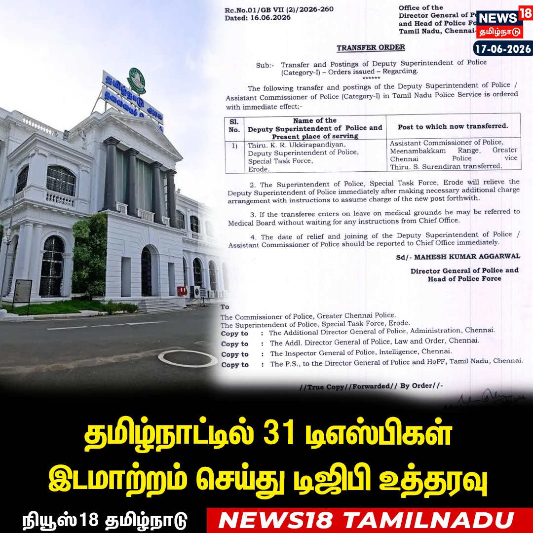 News18TamilNadu's tweet photo. தமிழ்நாட்டில் 31 டிஎஸ்பிகள் இடமாற்றம் செய்து டிஜிபி உத்தரவு 

#DSPTransfer #TNPolice #DGPOrder #News18Tamilnadu https://t.co/IkpA0uj7Pb
