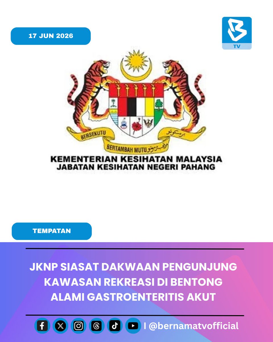 BernamaTV's tweet photo. Jabatan Kesihatan Negeri Pahang (JKNP) menjalankan siasatan susulan dakwaan beberapa pengunjung mengalami gejala cirit-birit, muntah dan demam selepas mandi sungai di kawasan rekreasi dekat Bentong baru-baru ini.
#digitalbernamatv #jknp #siasat #sungai #bentong https://t.co/vKHPRTJOtz