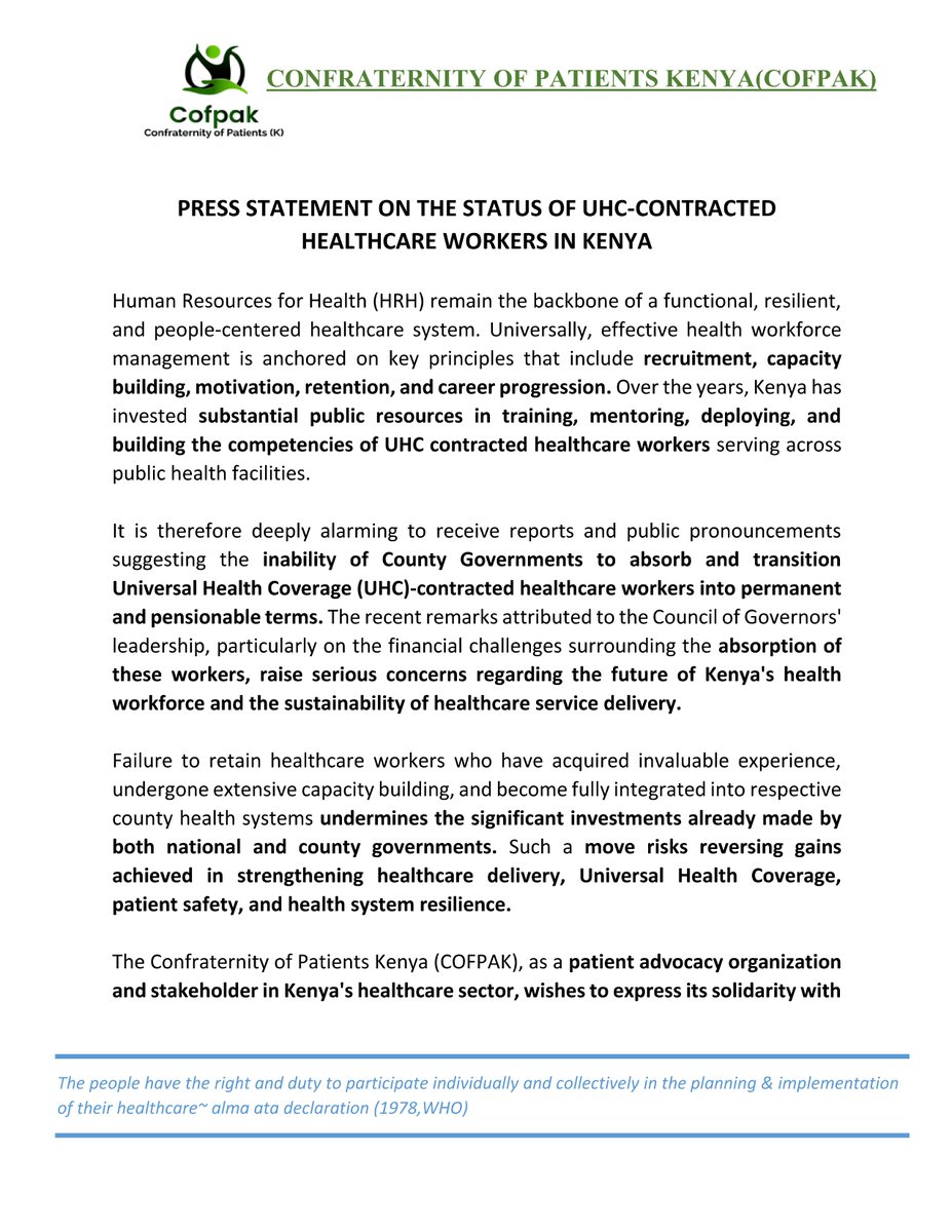 Cofpak_Official's tweet photo. PRESS STATEMENT ON THE STATUS OF UHC-CONTRACTED  HEALTHCARE WORKERS IN KENYA
@KTNNewsKE @ntvkenya @citizentvkenya @StandardKenya @tv47digital @RadioJamboKenya @Classic105Kenya @RamogiFM @RadioCitizenFM @TheStarKenya @KBCChannel1 @KenyaGovernors @MOH_Kenya @BarasaFernandes https://t.co/l8XMbieOtn