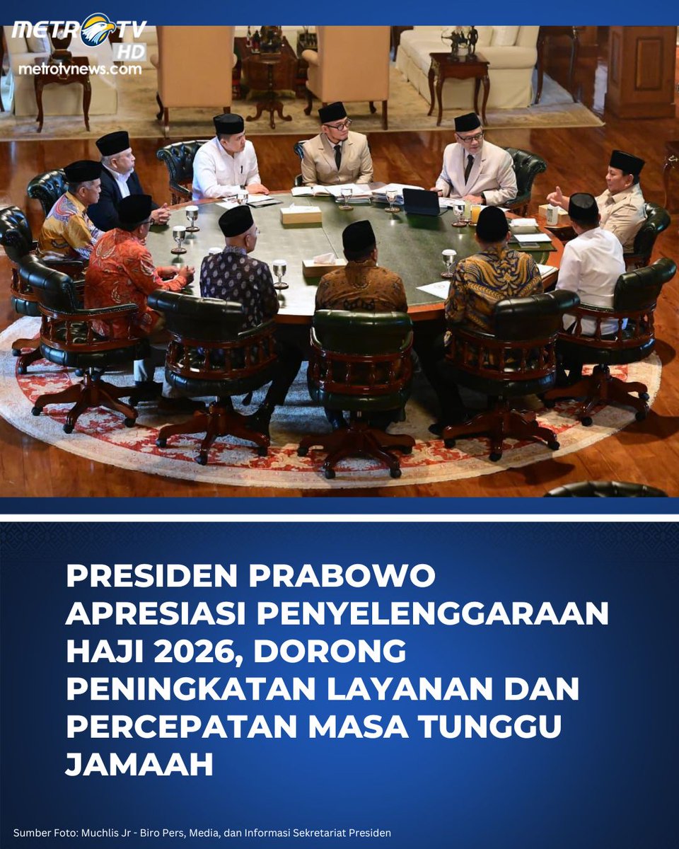 Metro_TV's tweet photo. Presiden RI Prabowo Subianto menerima Menteri dan Wakil Menteri Haji dan Umrah beserta pimpinan serta anggota Komisi VIII DPR RI di kediaman pribadinya, Hambalang, Bogor, Jawa Barat, pada Rabu (17/6/2026). Pertemuan tersebut mengendakan evaluasi mendalam terkait penyelenggaraan ibadah haji tahun 2026 sekaligus merumuskan langkah taktis peningkatan mutu pelayanan untuk musim haji mendatang. Menteri Haji dan Umrah Mochamad Irfan Yusuf mengungkapkan bahwa Kepala Negara memberikan apresiasi tinggi atas kelancaran pelaksanaan haji tahun ini. Kendati demikian, sejumlah aspek krusial tetap menjadi catatan penting untuk segera disempurnakan. Kolaborasi intensif antara pemerintah dan Tim Pengawas Haji DPR RI menjadi kunci utama dalam meredam berbagai kendala di lapangan secara cepat, tepat, dan terukur.

#PresidenPrabowo #PrabowoSubianto #Haji2026 #Haji #KementerianHajidanUmrah #MetroTV