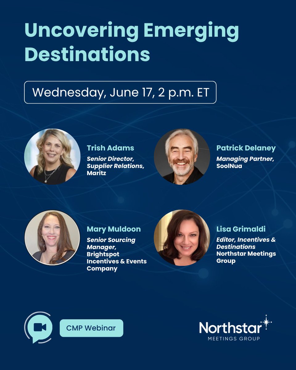 NorthstarMeets's tweet photo. TODAY AT 2 P.M. ET: What up-and-coming destinations are planners considering for meetings and incentives? Industry experts will discuss the new locations they are exploring and booking for 2026 and beyond, including the role of AI in sourcing, risk management considerations and more. Register now: https://t.co/xUBE1h4dU8

#NMGevents #eventprofs #meetingprofs #eventplanners #siteselection