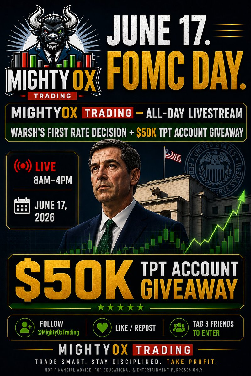 MightyOxTrading's tweet photo. We're live. FOMC Day starts now: pre-market analysis, live trading, 2PM rate decision, 2:30 presser, and the $50K TPT giveaway.
Come trade with us: https://t.co/Z0TB0XuqAl
#FOMC #FuturesTrading #MightyOx #PropTrading #FedWatch #FOMCDay #LiveStream #LiveTrading https://t.co/QJx79JFvkh