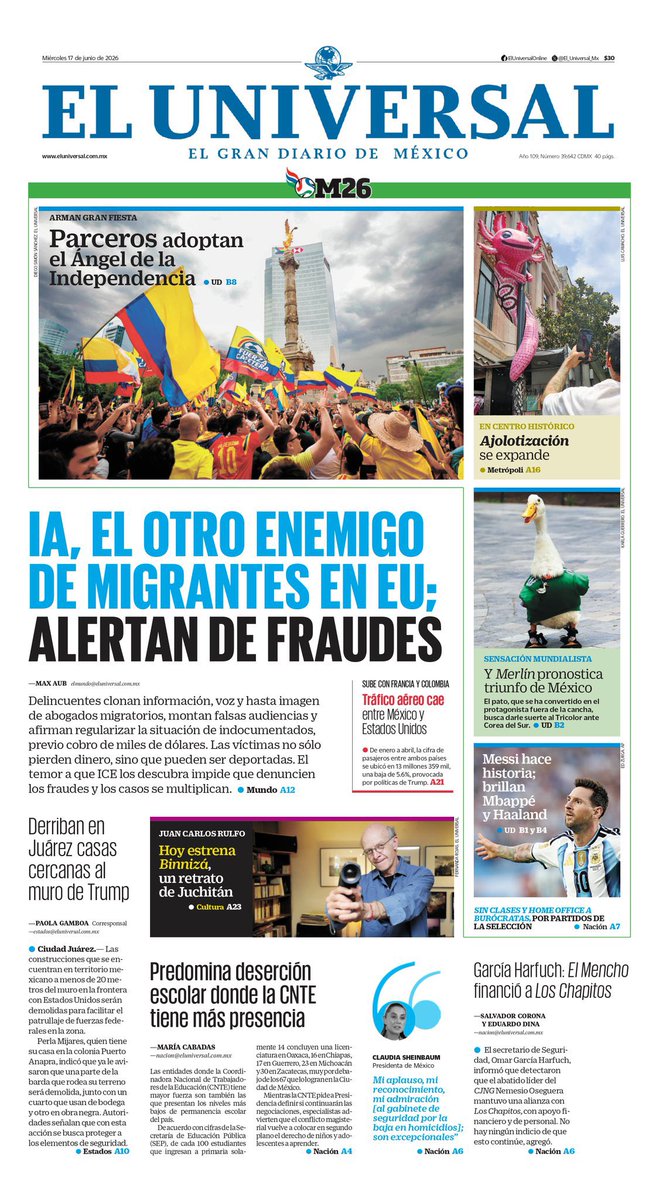 LitzianPineda's tweet photo. #PrimerasPlanas nacionales #17dejunio de 2026

📰Gastan 3 mil 600 mdp y la ciudad se inunda

📰IA, el otro enemigo de migrantes en EU; alertan de fraudes

📰Alzan la mano 75 en pos de una gubernatura… solo entre la 4T

📰Agonía del libre comercio pega al crecimiento…: Ebrard https://t.co/uscErLgom2
