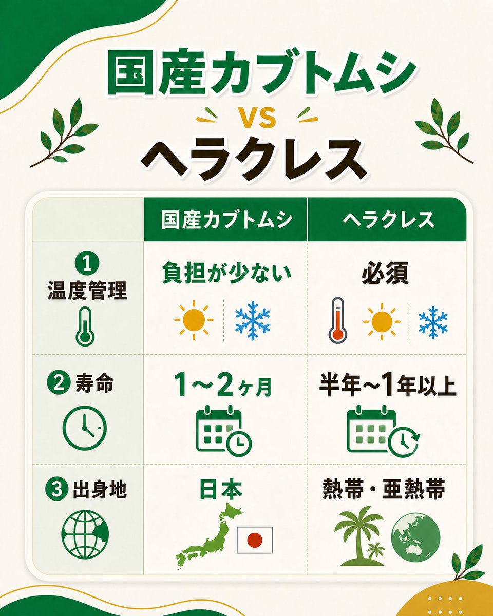 DMMInsect's tweet photo. 国産カブトムシと比べると、
ヘラクレスオオカブトは別の生き物🪲
①温度管理が必要（熱帯出身）
②寿命は管理次第で半年〜1年以上
「長く一緒にいる存在」として事前の知識が大切です🌿 https://t.co/qRLqLjbIFn