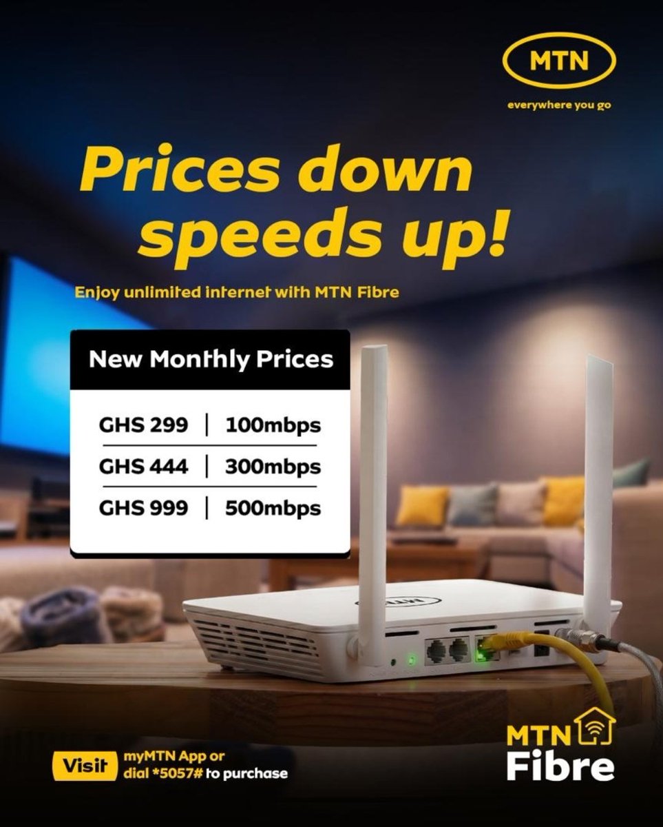 samgeorgegh's tweet photo. You demanded. We engaged. @MTNGhana has responded. 

Effective today, fibre broadband prices have crashed!

Previously, for a month of unlimited 100 Mbps broadband, you paid GHS 987. Today, for the same 100 Mbps, you pay GHS 299.

For GHS999, you get a 500 Mbps unlimited broadband package, and for GHS444, you get a 300 Mbps unlimited package. 

I want to express my gratitude to the management and staff of MTN who have heeded our call for more affordable, stable and reliable fibre broadband. From the @MoCDTI, we will continue to push for better service packages for the Ghanaian people.

For God and Country. 🦁🇬🇭

#FullyActive