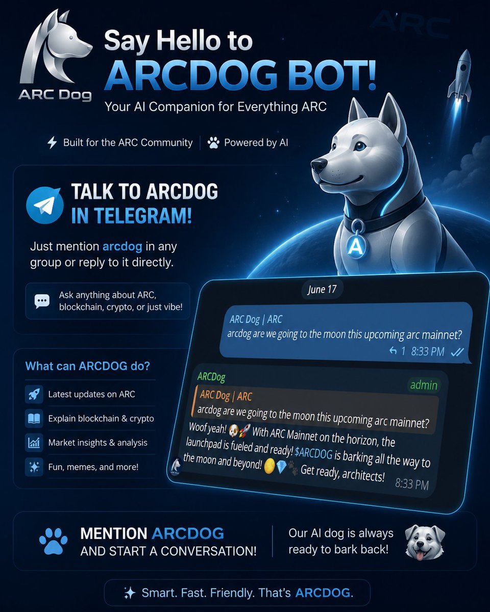 arcdogofficial's tweet photo. ARCDOG Bot is now live!

Join our Telegram community at https://t.co/QRYdNBuyDY and start chatting with ARCDOG today. Just mention "arcdog" in the chat to ask questions, get insights, or have a conversation with our AI-powered community companion.

only at @arc by @jerallaire. https://t.co/aCpdLpwEKT