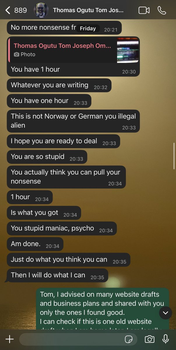 hnnsbnd's tweet photo. @Kenyans Kenyan leader distracting Europeans how corrupt, xenophobic and threatening Europeans are actually being treated in Kenya. See one example of CEO Tom Ogutu sending me death threats when I asked for compensation for my work. https://t.co/q8WfQcyged