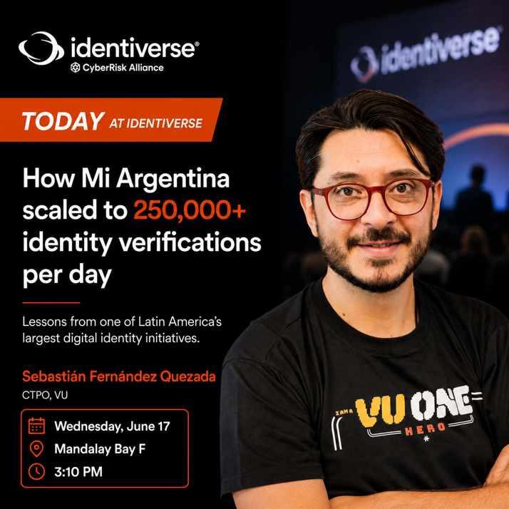 vusecurity's tweet photo. TODAY AT #Identiverse2026

"When a Nation Opens Its Biometrics"

Sebastián Fernández Quezada, CTPO at VU, will share how Argentina's digital identity ecosystem supports 250,000+ daily biometric verifications at national scale.

📍 Mandalay Bay F
🕒 3:10 PM PT https://t.co/rYn8DPTw9q