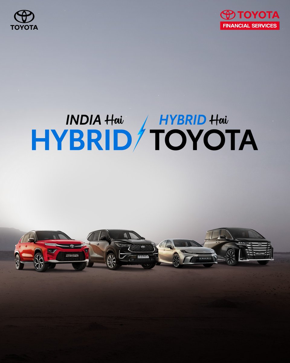 tfsind's tweet photo. India doesn’t settle for either/or. That’s why over 3 lakh Indians have chosen Hybrid, combining the efficiency of electric drive with the confidence of a petrol engine. Because when it comes to moving forward, India chooses the best of both worlds. #ToyotaIndia #Awesome https://t.co/1WtytChiQD