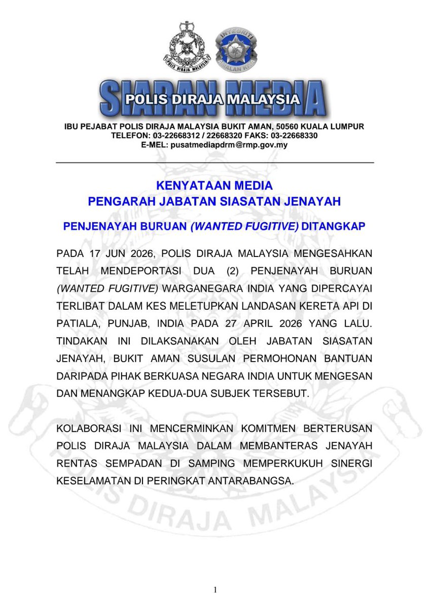 PDRMsia's tweet photo. KENYATAAN MEDIA PENGARAH JABATAN SIASATAN JENAYAH

Penjenayah Buruan (Wanted Fugitive) Ditangkap.

https://t.co/vFIKhyr9k7 https://t.co/j5VD5cA2CH