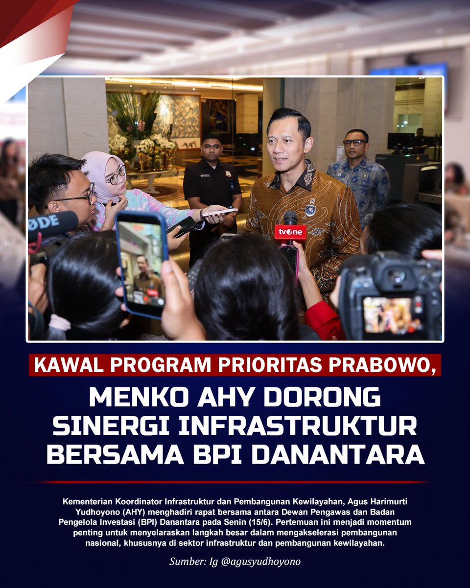 AHYS14P's tweet photo. Menko AHY menghadiri rapat Dewan Pengawas dan BPI Danantara untuk menyelaraskan langkah percepatan pembangunan nasional. Fokus pada infrastruktur strategis, konektivitas, perumahan rakyat, serta pengelolaan sampah menjadi energi demi Indonesia yang lebih maju dan berkelanjutan. https://t.co/RKUQDpY4hR