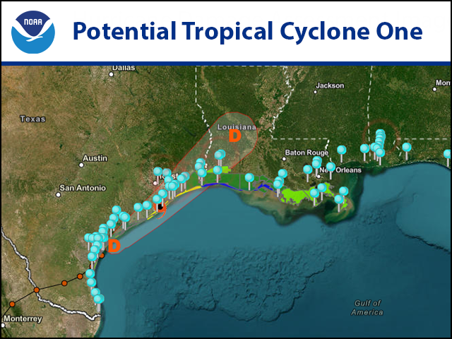 noaaocean's tweet photo. NOAA is monitoring water levels and winds for Potential Tropical Cyclone One, moving northeastward along the middle Texas coast. View real-time water level and meteorological data:
https://t.co/JVGliqJp4R https://t.co/6UWRGjOjKG