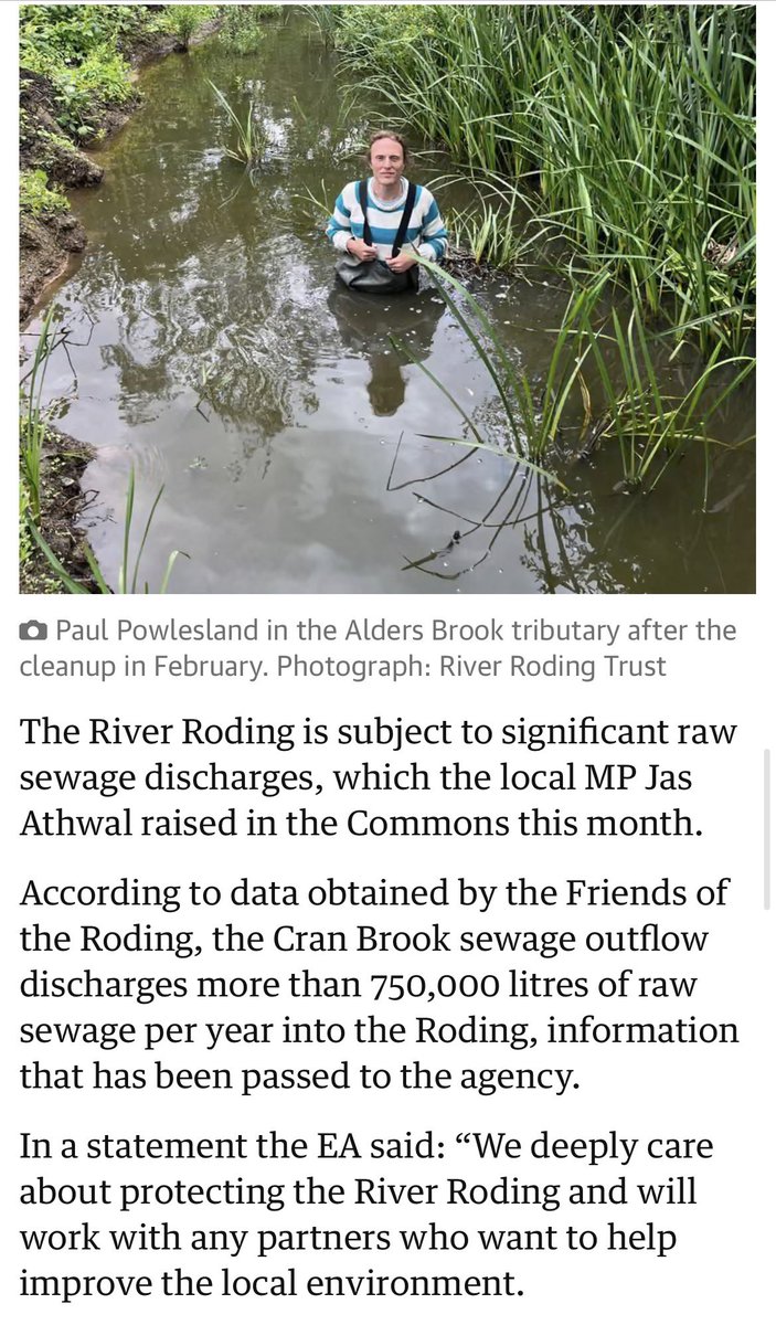 paulpowlesland's tweet photo. If you think the actions of the EA are outrageous, please email the chief exec Philip Duffy at Philip.duffy@environment-agency.gov.uk to express your dissatisfaction with the EA’s actions in strong (but always polite & never abusive!) terms. In particular, the River Roding Trust is calling for: 

- All threats of prosecution against the River Roding Trust & its volunteers to be publicly withdrawn & stopping all threats to destroy the pond & river channel we have created. 

- The EA to instead use its prosecutorial powers against Thames Water to demand that within six months they produce a plan to fix all illegal sewage spills on the Roding by 2030, failing which the EA will prosecute every single illegal sewage spill to the full force of the law. 

- The EA to work with the River Roding Trust & guardians of the River Roding to actively protect & restore the River Roding. 

Link to the full article by @sandralaville is here: 

https://t.co/jomBnXKXOW