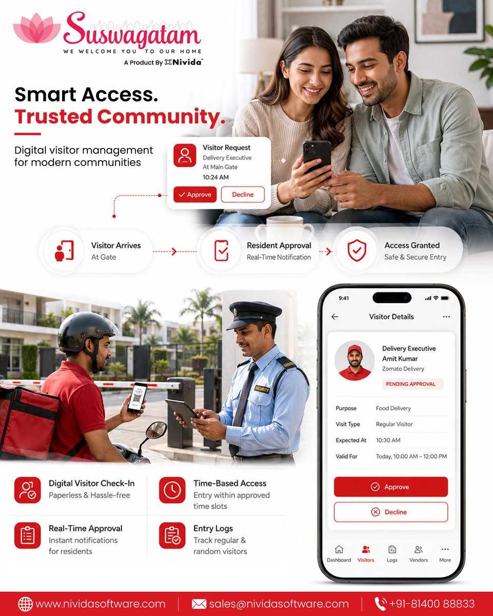 NividaSoftware's tweet photo. 🏢 #SmartSecurity for Modern Communities
#SuSwagatam simplifies #visitormanagement with digital check-ins, real-time approvals, visitor logs, and secure access controls.
🌐𝐰𝐰𝐰.𝐧𝐢𝐯𝐢𝐝𝐚𝐬𝐨𝐟𝐭𝐰𝐚𝐫𝐞.𝐜𝐨𝐦
📞 +𝟗𝟏-𝟖𝟏𝟒𝟎𝟎 𝟖𝟖𝟖𝟑𝟑
️️️️️️️️️️️️️️ https://t.co/kvNGxTLZfr