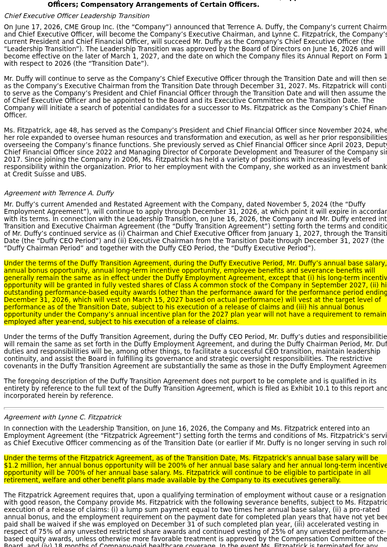 trmnl_data's tweet photo. $CME: CEO Succession With Target-Vested Equity Acceleration

• Duffy exits CEO role by March 2027; Fitzpatrick assumes CEO with $1.2M base, 200% bonus target, 700% LTI opportunity.
• CME initiating CFO search; Fitzpatrick severance includes 2x salary lump sum plus 75% accelerated restricted share vesting on qualifying termination.
• Hidden alpha: Duffy's outstanding performance equity vests at target — not actual performance — upon Transition Date, a board-approved cost regardless of results.