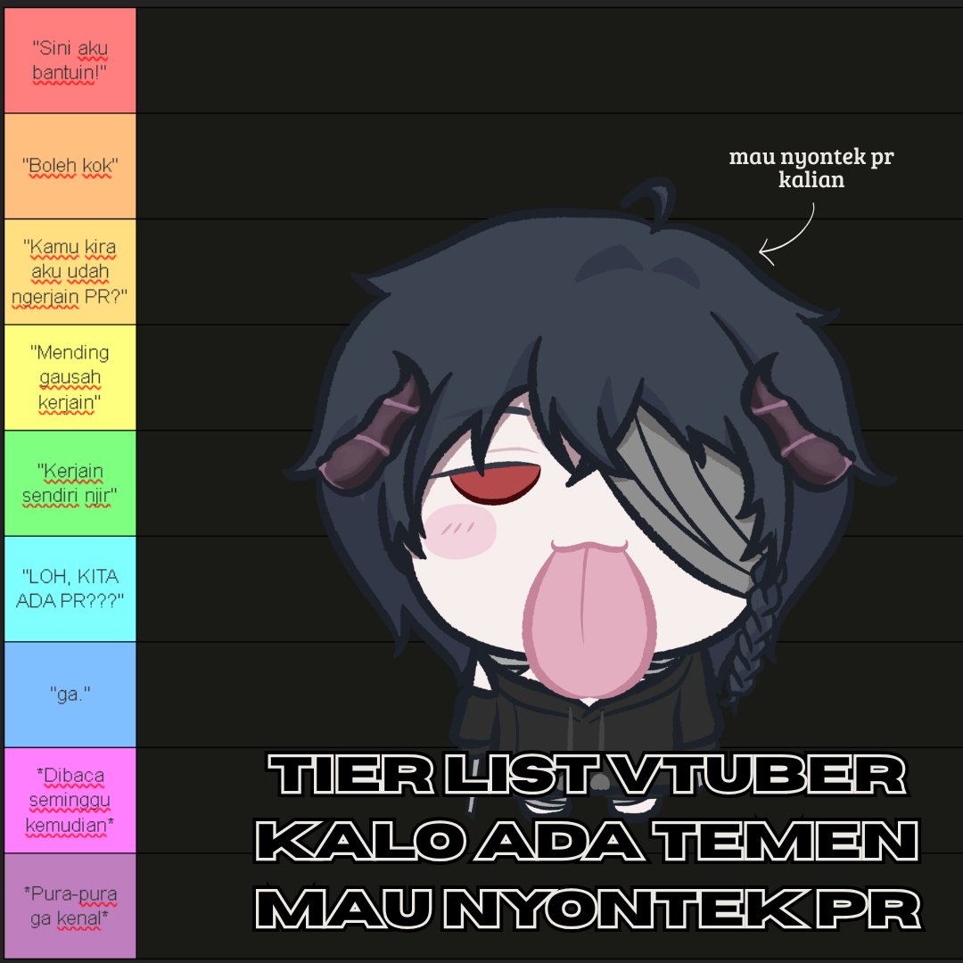KurayamiIkiim's tweet photo. 🐑🖤 VTUBER TIER LIST  🖤🐑

TO ALL VTUBER FELLAS, DROP YOUR PNG!

Bentar lagi PR dikumpulin, tapi Ikiim belum kerjain sama sekali. Bolehkah Ikiim pinjam PR kalian? 

Like &amp; retweet are appreciated ya~ https://t.co/IPLxRJmwl4