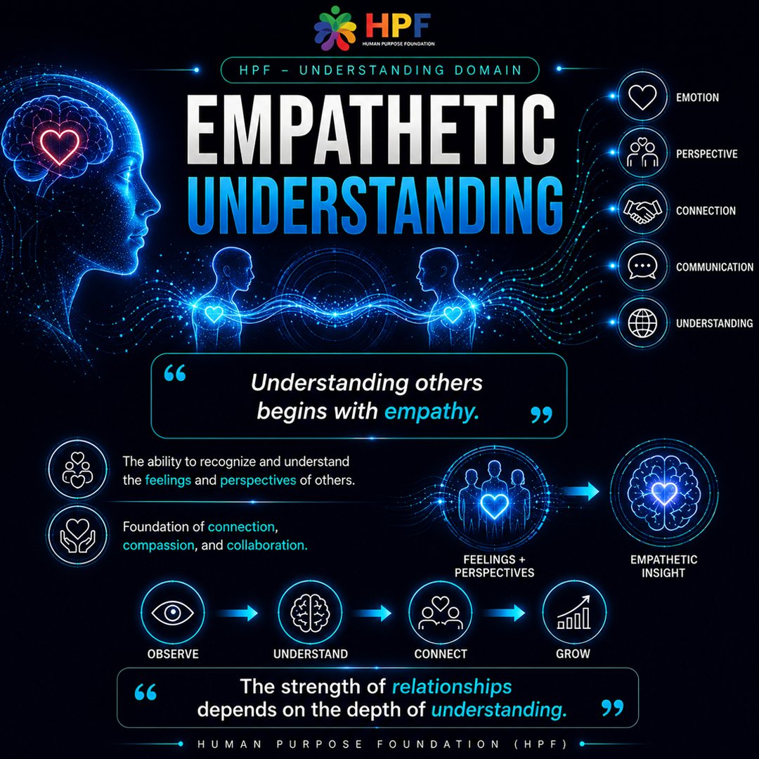 HPFWORLD's tweet photo. Understanding others begins with empathy.❤️

Empathetic Understanding is the ability to recognize and understand the feelings and perspectives of others.

Observe → Understand → Connect → Grow🧠

#HPF #HumanPurposeFoundation #EmpathyMatters #UnderstandingDomain #GrowthMindset https://t.co/bJvMIcMaVy
