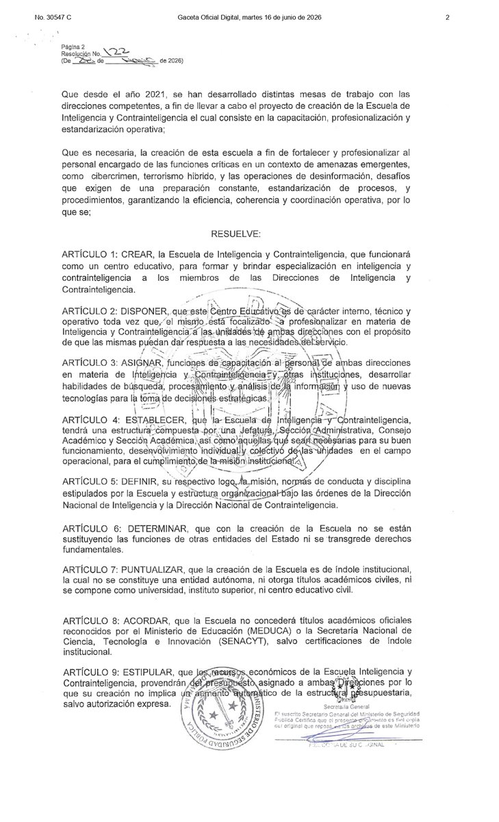 rekhapacitando's tweet photo. 🔴 El gobierno crea una escuela de inteligencia y contrainteligencia dentro del SENAN

Resolución N° 122 DEL jueves 28 de mayo 2026, publicada en la Gaceta del 16 de junio (poco antes del decreto que declara medio día de trabajo hoy por el juego de Panamá en el mundial ) 

El Ministerio de Seguridad dice que es "necesaria...a fin de fortalecer y profesionalizar al personal encargado de las funciones críticas en un contexto de amenazas emergentes como cibercrimen, terrorismo híbrido y las operaciones de desinformación"  (OJO CON ESTO)