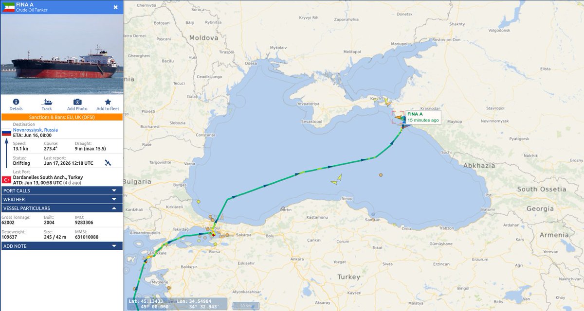 TiaFarris10's tweet photo. 🚨🚨🚨 🇬🇶 FINA A (IMO 9283306) has become the latest shadow fleet tanker reportedly struck by Ukraine in the Black Sea.

🇺🇦🗣️ Ukraine's General Staff reported a successful strike on the sanctioned Aframax tanker during operations conducted on 16-17 June.

⚠️ Ukraine lists FINA A among tankers transporting Russian crude outside the G7/EU price-cap framework. The vessel is sanctioned by multiple jurisdictions.
