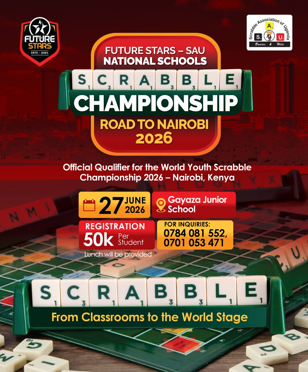 FutureStarsUG's tweet photo. Ugandans, are you ready?
Got a child or school that plays Scrabble? Here’s a big opportunity! Your child could represent Uganda at the World Youth Scrabble Championship 2026 in Nairobi, 

Join us for the #FutureStars – @ScrabbleUganda Championship on 27th June at @GayazaJunior https://t.co/gqRHPKuNNq