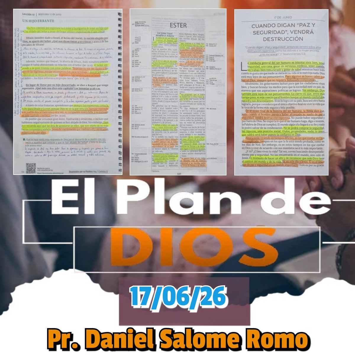 DanielSalomeR's tweet photo. 📖 EL PLAN DE DIOS #PrimeroDios🌅

🔰 #LesAdv:Un hijo errante

1️⃣Dios nunca abandona a quienes se alejan, su amor, compasión y misericordia continúan llamándonos al arrepentimiento y regreso a sus brazos
2️⃣Aunque los padres sufran por hijos apartados, Dios ofrece esperanza y asegura que seguirá obrando en sus vidas.
3️⃣Oremos perseverantemente por quienes se han alejado del Señor y confiemos en que su gracia aún puede restaurarlos.

🔰 #RPSP:Ester 1

1️⃣Las decisiones impulsivas tomadas con orgullo pueden traer consecuencias duraderas que afectan las relaciones y responsabilidades(v12)
2️⃣La influencia de quienes nos rodean puede impactarnos significativamente. Siempre será mejor buscar el consejo de Dios(v13)
3️⃣Dependamos más de Dios, así podremos estar seguros antes de tomar decisiones motivados por malos consejos humanos, y evitar mayores desgracias(v16)

🔰 #DevMat:Cuando digan "Paz y seguridad", vendrá destrucción

1️⃣La seguridad que ofrece el mundo es temporal y frágil, solo Dios puede brindar paz verdadera y esperanza eterna.
2️⃣Las riquezas, posiciones y logros humanos no garantizan protección, la única confianza segura está en el Señor.
3️⃣Deposita hoy tu vida completamente en Jesús y permite que su paz gobierne tu corazón en todo momento.

#Maranatha 🌅
#DMCelendínSur