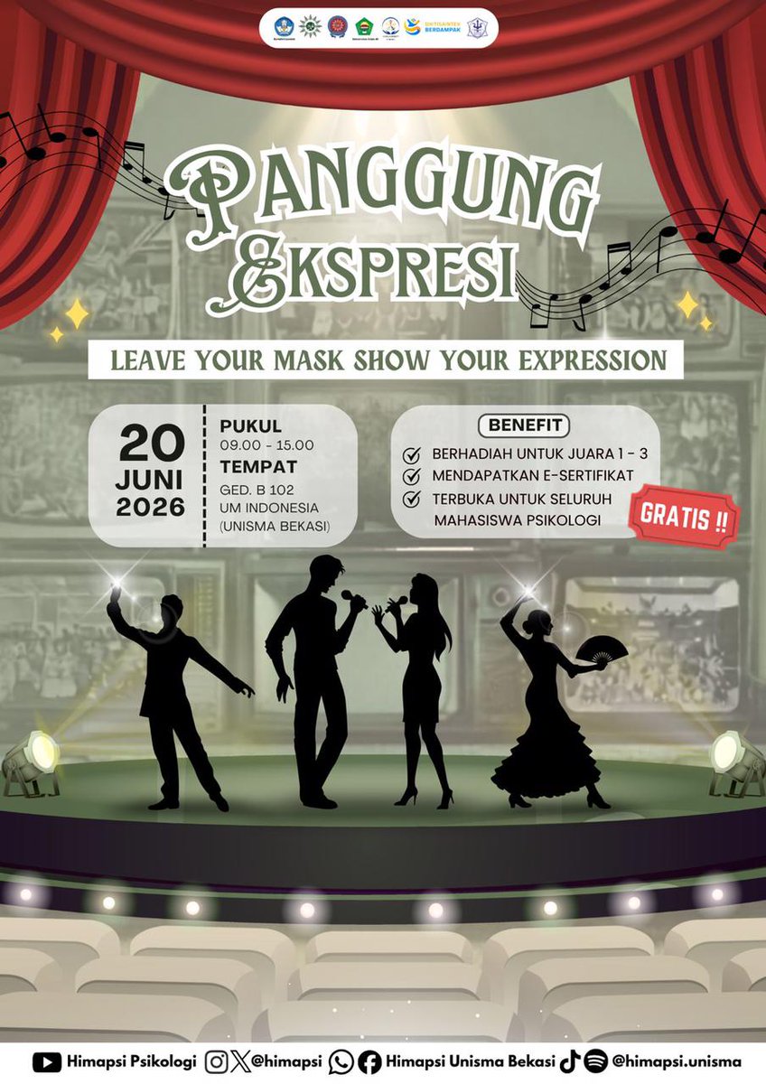 himapsi's tweet photo. REGISTRASI PANGGUNG EKSPRESI 2026: LEAVE YOUR MASK, SHOW YOUR EXPRESSION
Panggung Ekspresi 2026 hadir sebagai wadah terbesar buat kamu yang ingin melepaskan keraguan, dan bersinar di atas panggung Ini saatnya buat kamu yang punya bakat terpendam untuk tampil tanpa batas! ✨️ https://t.co/YophCqMkNe