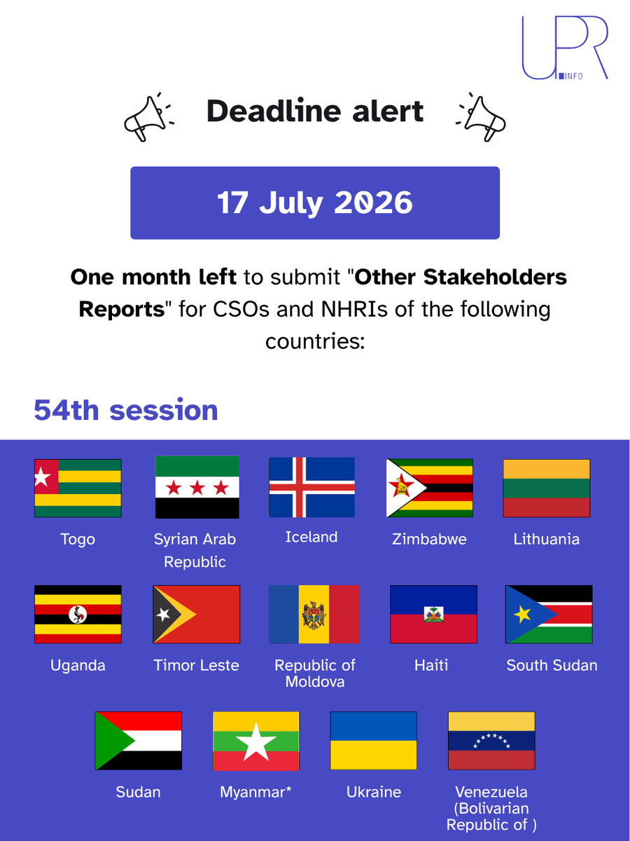 UPRinfo's tweet photo. 📢The deadline to submit Other Stakeholders Reports for the 54th session #universalperiodicreview is 17 July! 
#CSOs &amp; #NHRIs: share your insights on the implementation of #UPRrecommendations and help advance #HumanRightsDon't miss the deadline to make your voice heard in the UPR https://t.co/NoNH1bKXKO