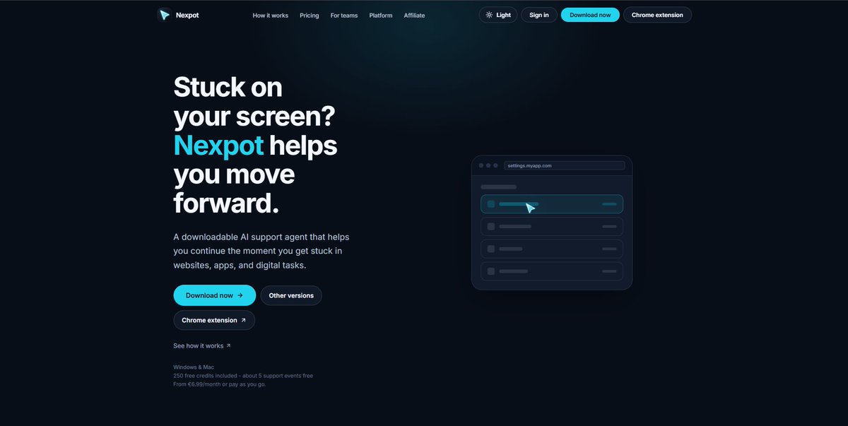 nexpotai's tweet photo. @ThePeterMick https://t.co/jQf8W66jm6 Stuck in an app?
Nexpot is an AI guide that shows you what to do next.
Just press a button, ask your question, and a blue arrow appears next to your cursor.
It guides you to the right place, explains the step, and lets you click yourself. https://t.co/tA9P88moPp
