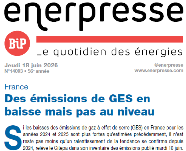 enerpresse's tweet photo. Au sommaire de @enerpresse 

🇫🇷 Des émissions de #GES en baisse mais pas au niveau

🌍 La demande de pétrole va refluer en 2026, pour la première fois depuis le covid

🇫🇷 #Pyrogazéification : les premiers tests d’injection de gaz attendus en novembre https://t.co/ydBOQWblbp