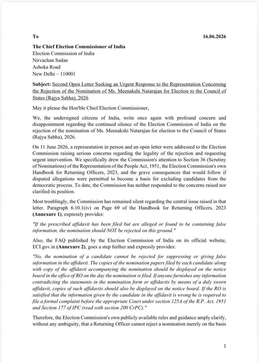 bansalavani's tweet photo. 33 citizens from across India have written a second open letter to the Election Commission of India.

The ECI’s own Handbook for Returning Officers (2023) states that a nomination cannot be rejected merely because an affidavit is alleged to contain false information. Yet, Ms. Meenakshi Natarajan’s nomination was rejected, and the ECI remains silent.

Now, the Hyderabad complaint proceedings that allegedly formed the basis of the controversy have also been dismissed.

With Rajya Sabha voting scheduled for 18 June, we ask a simple question:

Will the ECI uphold its own rules and explain this rejection before polling takes place?

Democracy demands answers.

#CharkhaSatyagraha #FreeAndFairElections #DemocracyMatters

@ECISVEEP