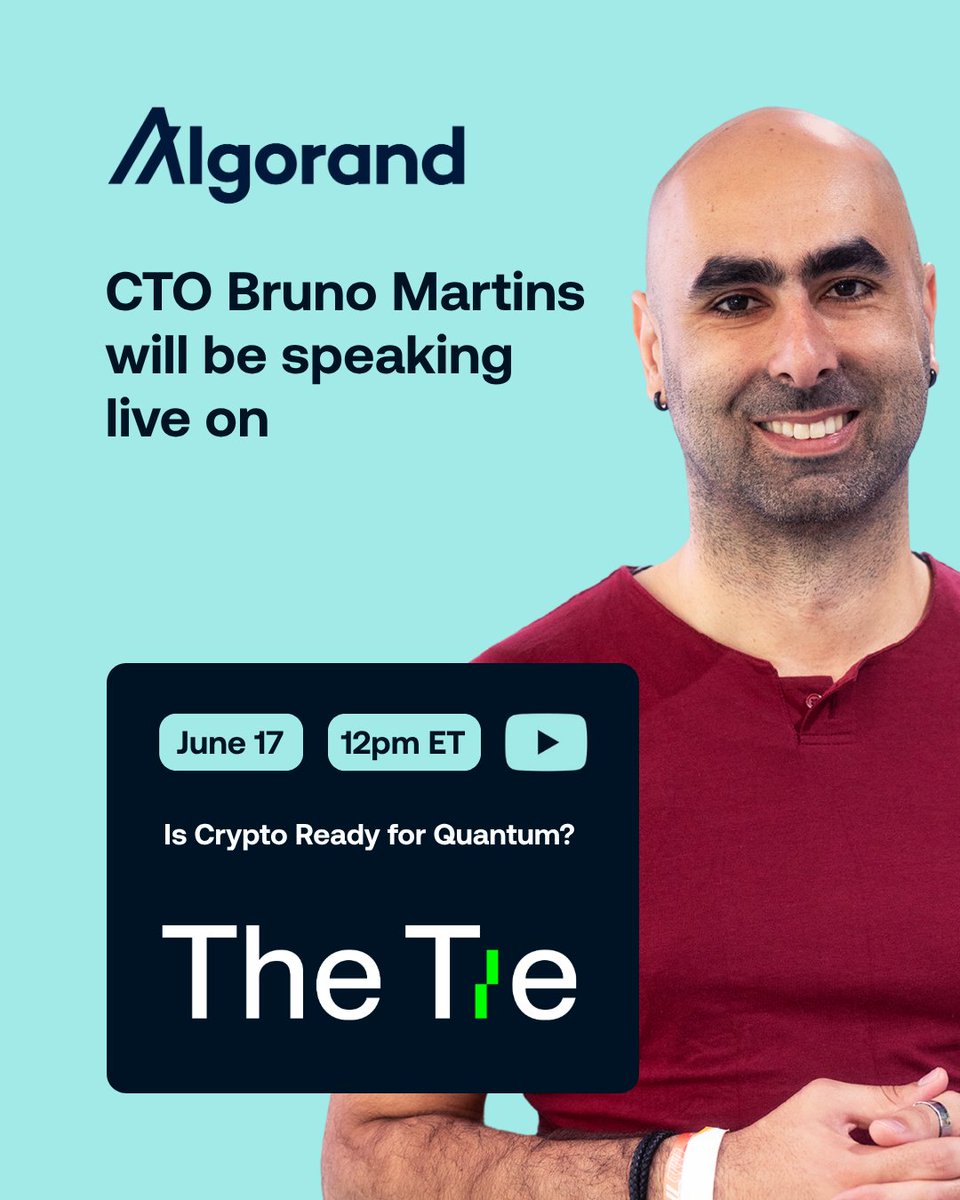 AlgoFoundation's tweet photo. Algorand CTO @bmartins_ is speaking live on a panel hosted by @TheTieIO today at 12pm ET.

The discussion will explore what quantum computing actually means for crypto and how the industry is preparing for it.

Watch live on X, YouTube, or LinkedIn. https://t.co/6e8JnMISTn