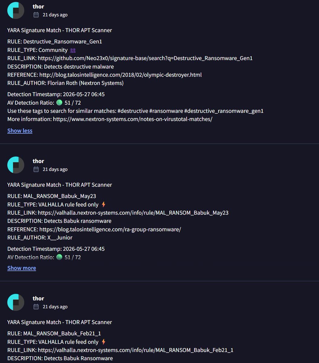 nextronresearch's tweet photo. We found a new ransomware called #KRYBIT, a double-extortion strain whose YARA profile overlaps heavily with the leaked #Babuk codebase
Two of our @thor_scanner hits land on dedicated #Babuk rules, so this looks like yet another build standing on Babuk's leaked foundation 🧵
Once on a host, #KRYBIT encrypts local and reachable storage and can optionally extend across mapped network shares, maximizing impact across a victim environment before the operator moves to extortion
Double extortion. The embedded ransom note claims both encryption and exfiltration:
"We have downloaded compromising and sensitive data from your system/network … If you refuse to communicate with us … your data will be published."
Victims are pointed to a Tor leak/negotiation blog
THOR / Valhalla YARA hits on the sample:
https://t.co/lfon6dkSHR
https://t.co/msQrtdaVap
https://t.co/dQqIZ2Ihsm
https://t.co/ZWsjzcyUA7
IOCs
https://t.co/RQTOpyDwKi
