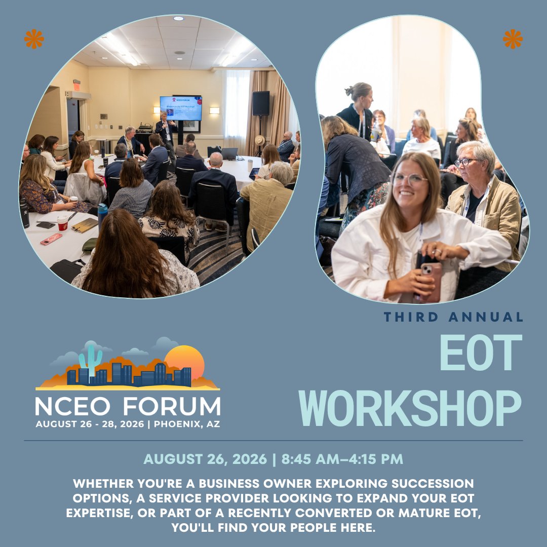 theNCEO's tweet photo. Three years in, and the EOT Workshop keeps getting better.

Whether you're a business owner exploring succession, a service provider building EOT expertise, or part of a recently converted or mature EOT—you'll find your people here.
https://t.co/aRfNVFJhFw https://t.co/a79ZvJXVpJ
