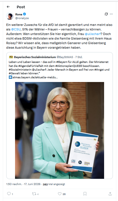 ClaudiaLuisa16's tweet photo. Leben und Leben lassen - das soll in #Bayern für ALLE gelten. Der Ministerrat hat die #AgendaFürVielfalt mit dem #AktionsplanQUEER beschlossen.
#TERF @ronalyze ist dagegen.
Das F in #TERF steht für Feind der #fdGO.
https://t.co/nbI08rv2TY https://t.co/0tNYGcg71e