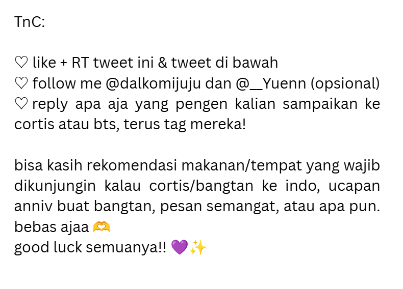 dalkomijuju's tweet photo. 🎉 GIVEAWAY CORTIS × BTS 🎉 x @__Yuenn

✨ 7 Winners ✨

📀 1 Album Arirang Rooted music (Sealed)
📀 1 Album Arirang Wvr Ver (Sealed)
📀 1 Album GreenGreen Wvr Ver (Sealed)
📸 1 PC Group Cortis
📸 1 PC Cortis (bisa req member)
💸 SPay 20k (2 org)

📌 TnC  in pict

🗓️ END: TBA https://t.co/gzI3hTZIel
