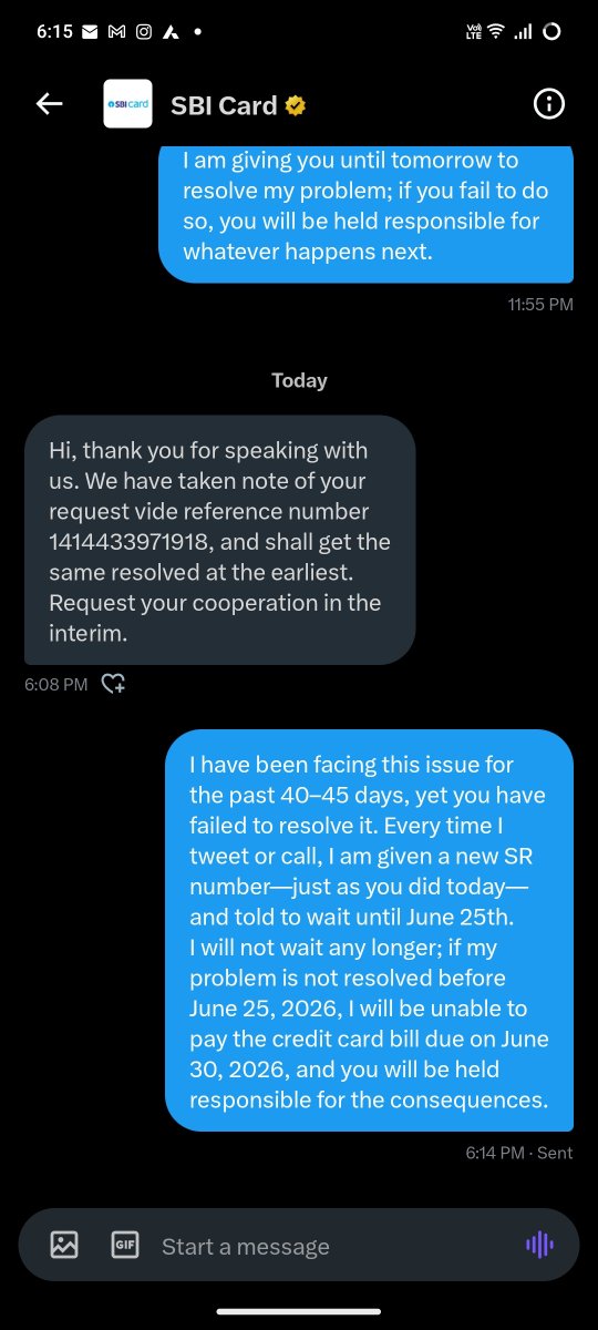 rajputrupak1's tweet photo. Wnvr I tweet or call Im gvn a new SR if my problem is not resolved before June 25, 2026, I will be unable to pay the credit card bill due on June 30, 2026, and you will be held responsible for the consequences.🫵😡@theofficialsbi @sbicard_connect @RuPay_npci @reservebankofindia https://t.co/e76h4qOOdp