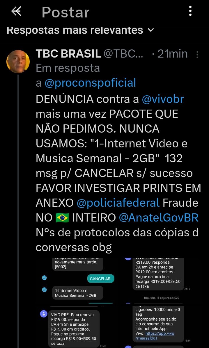 TBCBRASIL's tweet photo. @proconspoficial @vivobr @policiafederal @AnatelGovBR RECLAMAÇÃO "DENÚNCIA DE FRAUDES DA @vivobr favor solicitar os N°s de protocolos com cópias das conversas de atendentes treinados da @vivobr @AnatelGovBR @proconspoficial @FTelefonicaVivo #sacvivo obrigado pela atenção https://t.co/EIY582q75S