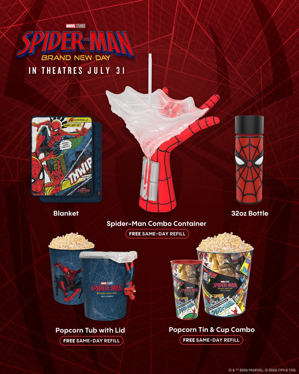 DisTrackers's tweet photo. Check out the Spider-Man Brand New Day Popcorn Buckets, Cups, &amp; more! Dropping at Cinemark, Regal, &amp; AMC.
.
#Marvel #SpiderMan #SpiderManBrandNewDay #Movie #Collectibles https://t.co/wAl677f2Bp