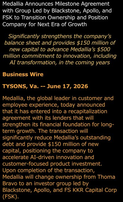intanumbarip's tweet photo. *BLACKSTONE-LED GROUP TO TAKE CONTROL OF MEDALLIA, INJECT $150M

$BX
,
$APO
, and
$FSK
are taking over Medallia and adding $150m collectively to pay down debt, “positioning the company to accelerate AI-driven innovation and customer-focused product investment” https://t.co/JR9ZG5APQJ