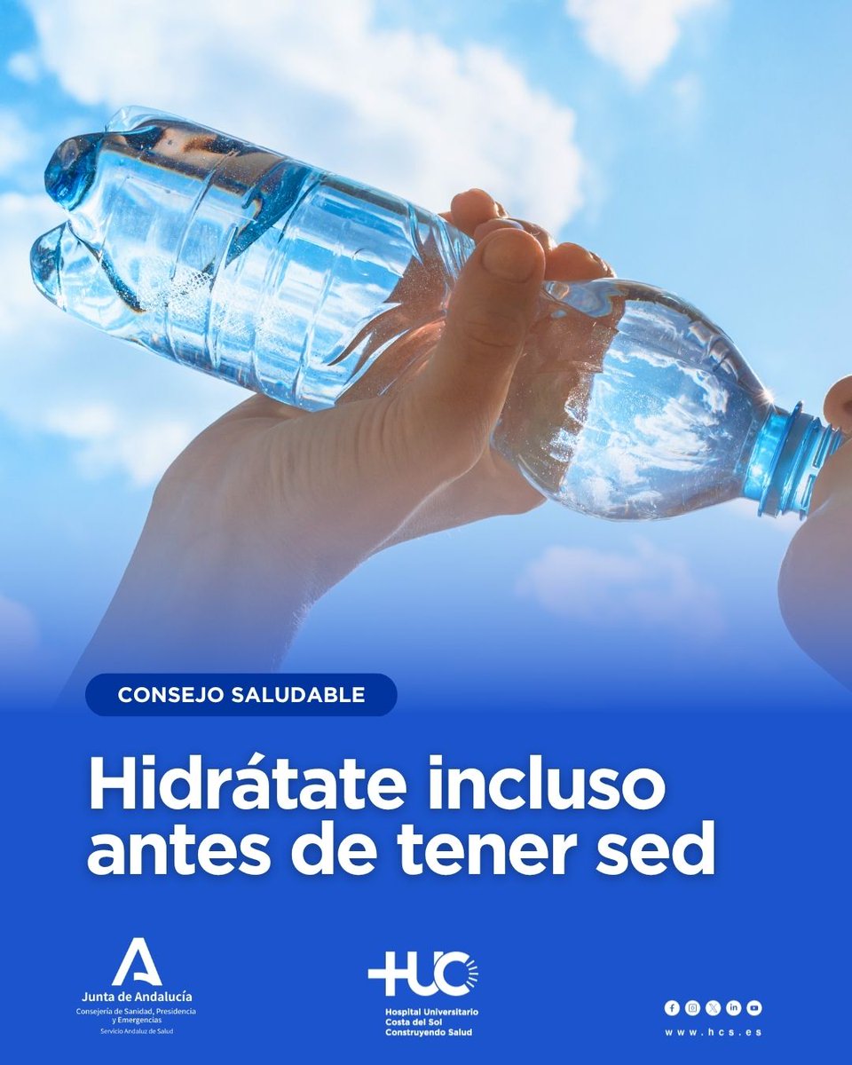 ASCostadelSol's tweet photo. #ConsejosSaludables ☀️ Con la llegada del calor, mantener una buena hidratación es fundamental. En verano perdemos más agua a través del sudor, incluso aunque no estemos haciendo ejercicio, y esperar a tener sed puede ser una señal de que el cuerpo ya necesita líquidos 💧 https://t.co/pJIWevY82k