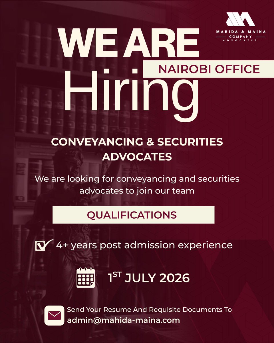 consultmmco's tweet photo. #ikokazike

We are expanding our #nairobi team 😌

Are you an advocate of the high court of kenya with 4+ years post admission experience? We are looking for you!

Send your CV and requisite documents to
admin@mahida-maina.com
on or before 1st July 2026

#wearehiring https://t.co/Sm3UQ3OHHH