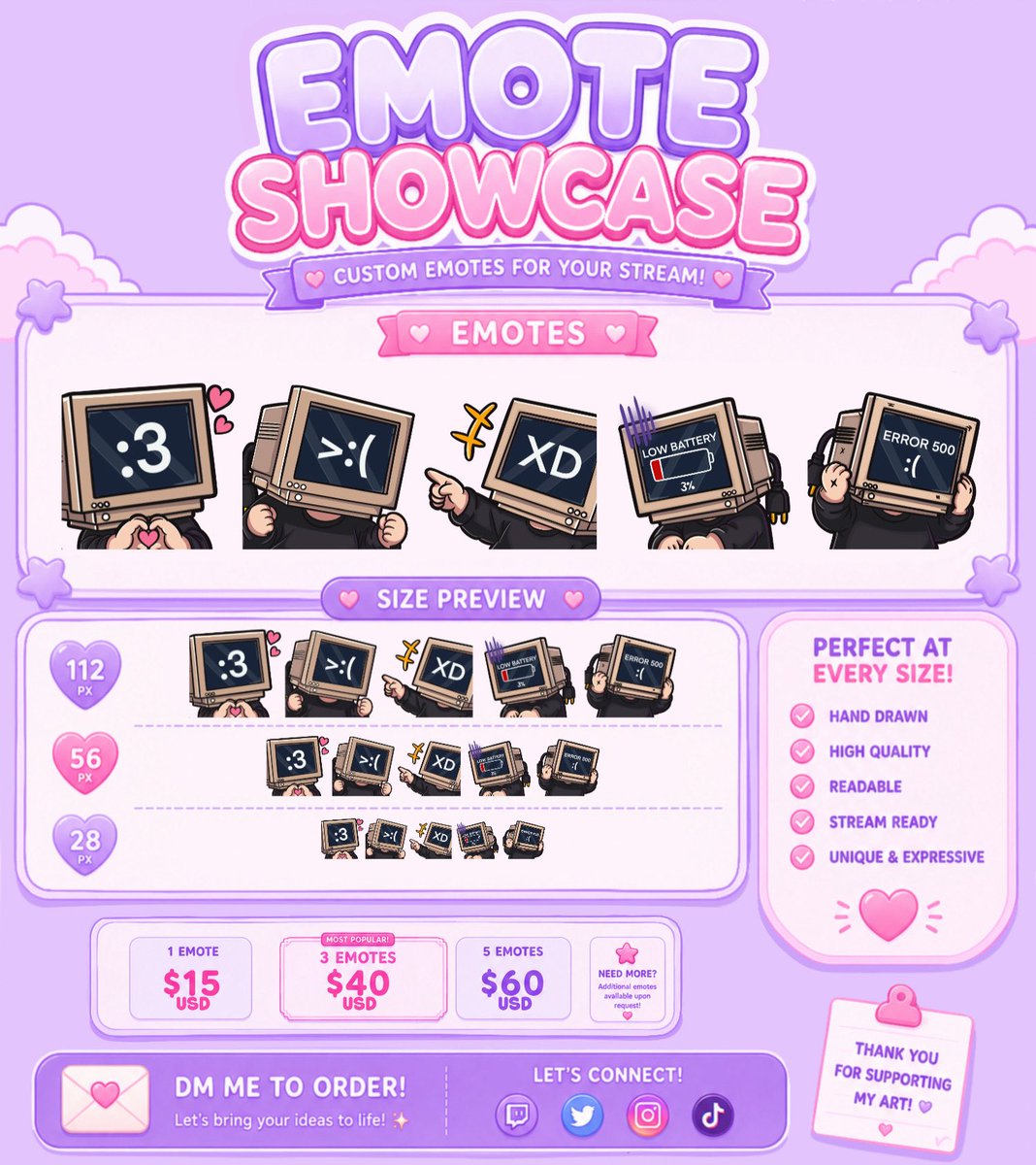 LittlestJuice's tweet photo. Some recent emotes I've worked on! 🌸✨

I love creating cute, expressive emotes that still read clearly at Twitch size.

💜 Emotes 🩷 Sub Badges 💛 Stream Graphics

DMs are open!
#PortfolioDay #EmoteArtist #TwitchArtist #CommissionOpen https://t.co/7qXhG9eor1