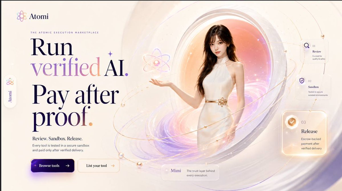 Harry_Atomi's tweet photo. 做 Atomi 的第 N 天,记一笔。

我一个人,用 AI,5 周把它从零做到上线。Atomi是什么，让陌生人能安全地买卖 AI 服务——先验货,再付钱;钱先托管,确认交付了才放款。

今天,第一笔真金白银的成交跑通了！

买家是谁?是我自己 😅
我在自己的平台上找了个设计师,把首页重做了一版,全程走平台担保。
第一次,"先验货、后付钱"这个闭环,用真实的钱、真实的人、真实的交付,完整转了一圈。

还意外跑出一个摩擦点，卖家保证金那块设计得不对,已经修改完成了。有些问题,自己不当用户去体验的话，真发现不了。

下面这张是设计师交付的hero设计初稿，大家看看觉得设计师的美化做的怎么样？