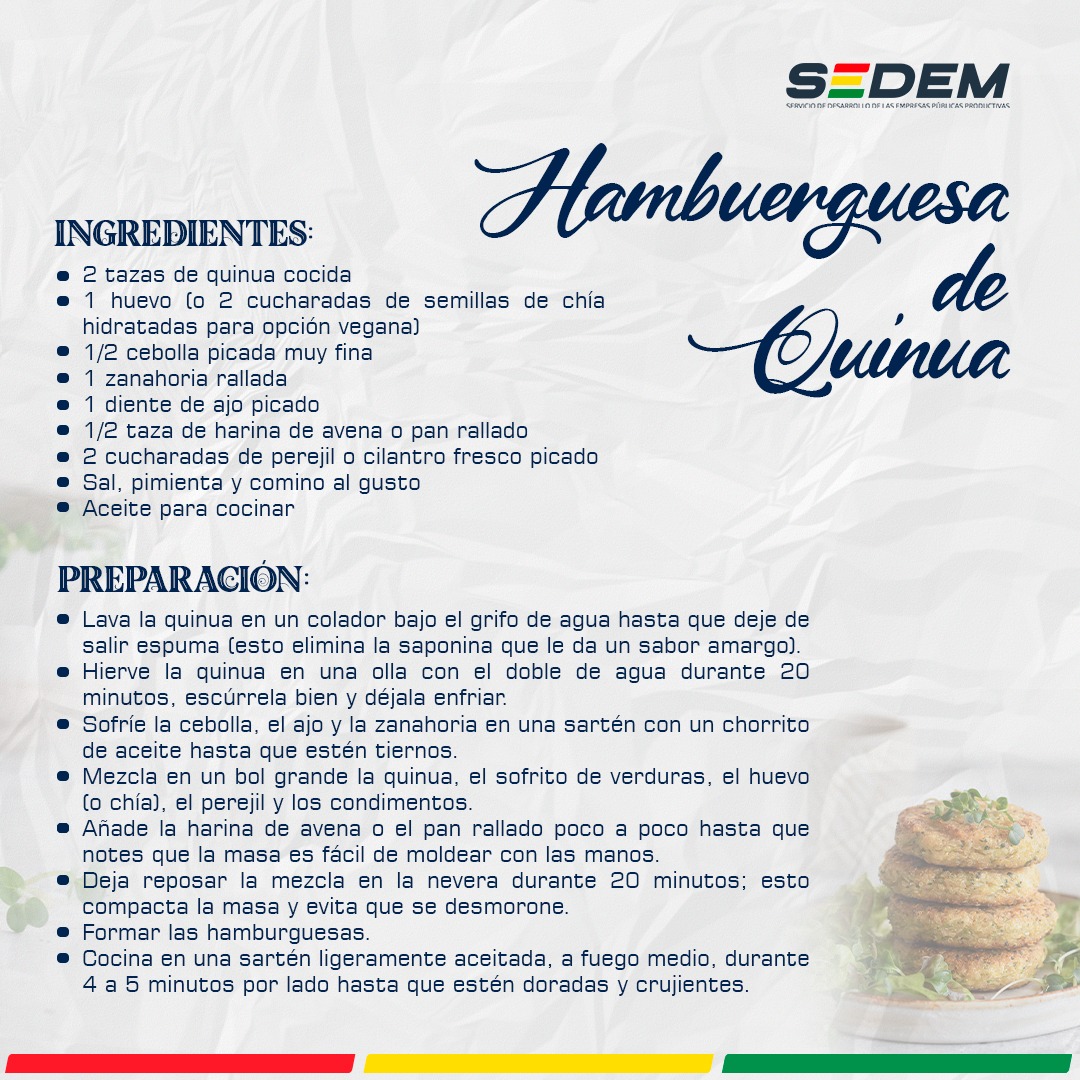 SubsidioSedem's tweet photo. 🍎Un minuto de nutrición

🍔✨ ¡Una opción deliciosa, nutritiva y fácil de preparar!

La hamburguesa de quinua es una excelente alternativa para incluir más proteínas, fibra y nutrientes en tu alimentación diaria.

#Subsidio
#SiempreBolivia
#MDPRyA https://t.co/eMk6gqn7Tr