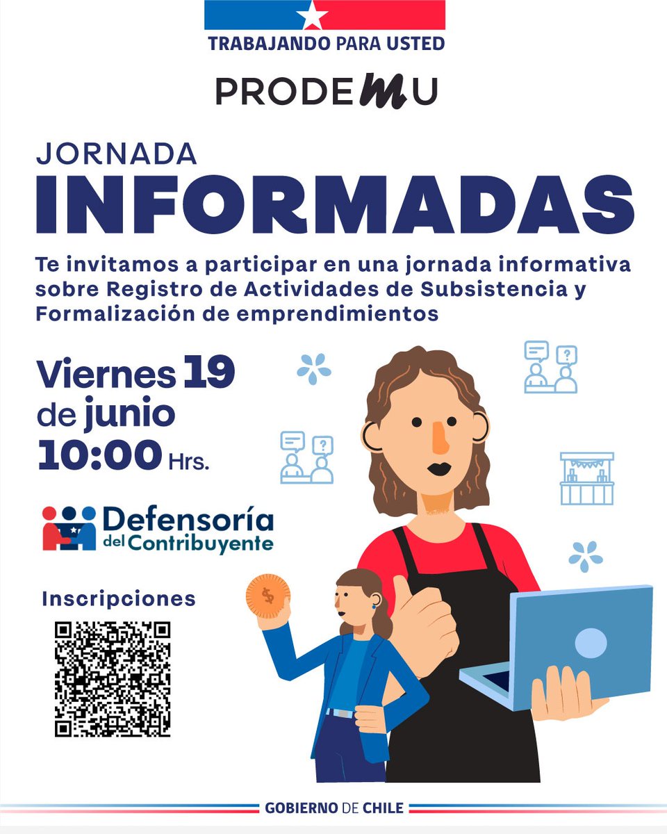 DPPUltEsperanza's tweet photo. 📢 ¿Tienes un emprendimiento o realizas actividades de subsistencia?

Participa en la jornada "Informadas" de @PRODEMU  y conoce más sobre formalización y orientación tributaria.

📅 19 de junio | 🕙 10:00 hrs.
#PuertoNatales #PRODEMU https://t.co/xrEFKHfm6O