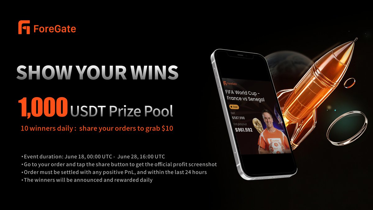 Fore_Gate's tweet photo. Predict the World Cup on ForeGate and Share 1,000 USDT Prize Pool

How to join:
- Post your ForeGate winning screenshot or order
- Use #ForeGateWorldCup
- Mention @fore_gate

Winners will be selected daily and tagged under the campaign post.

- Event period: June 18, 00:00 - June 28, 16:00 UTC

Make your prediction now on ForeGate.