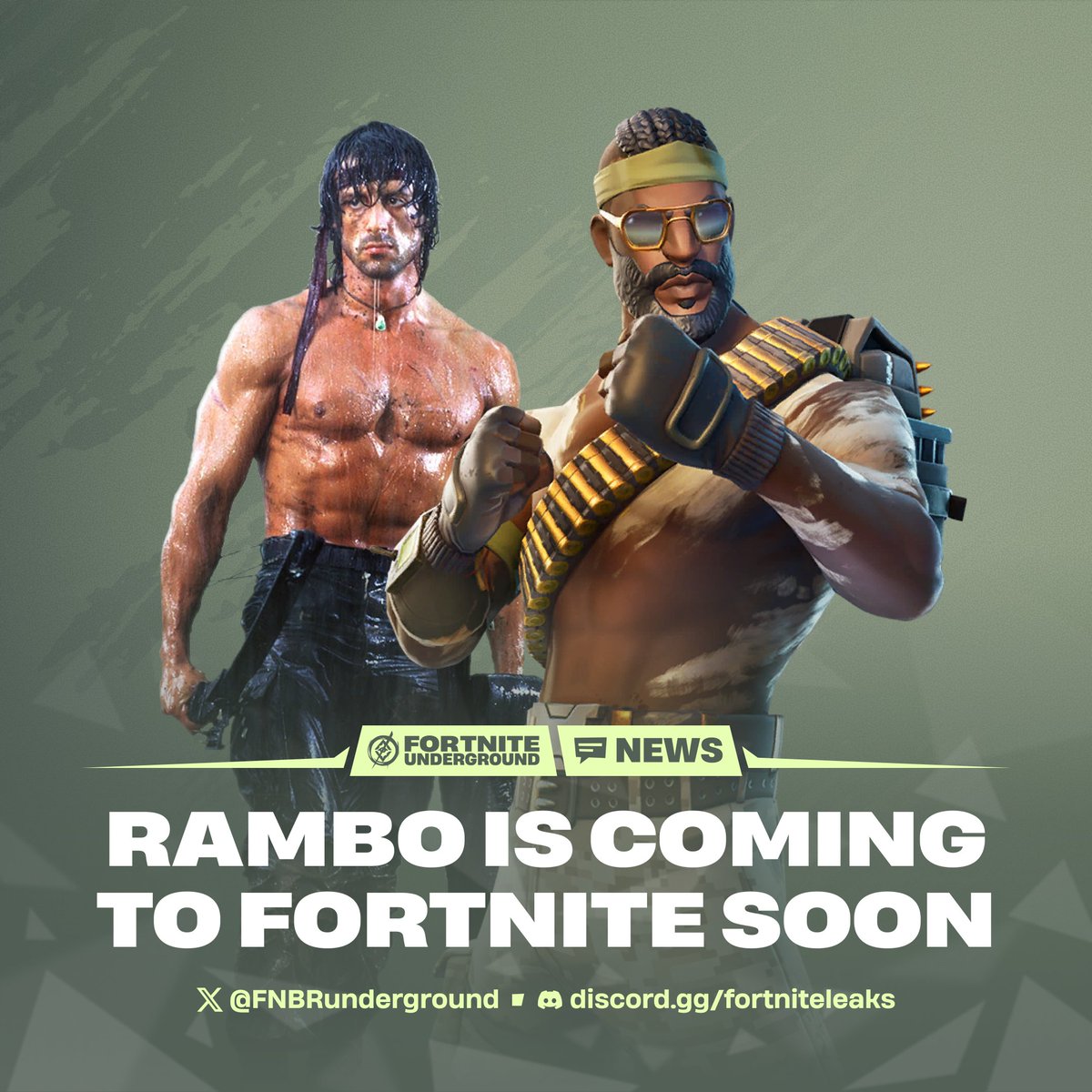 FNBRunderground's tweet photo. Rambo is coming to #Fortnite this Friday 🪖

The Bundle includes an Outfit with alt Styles, a Back Bling, Pickaxe, Glider, Wrap, and Emote. These items will be revealed tomorrow morning at 9am ET.

📰 @SpushFNBR https://t.co/qeuvUOeUiC