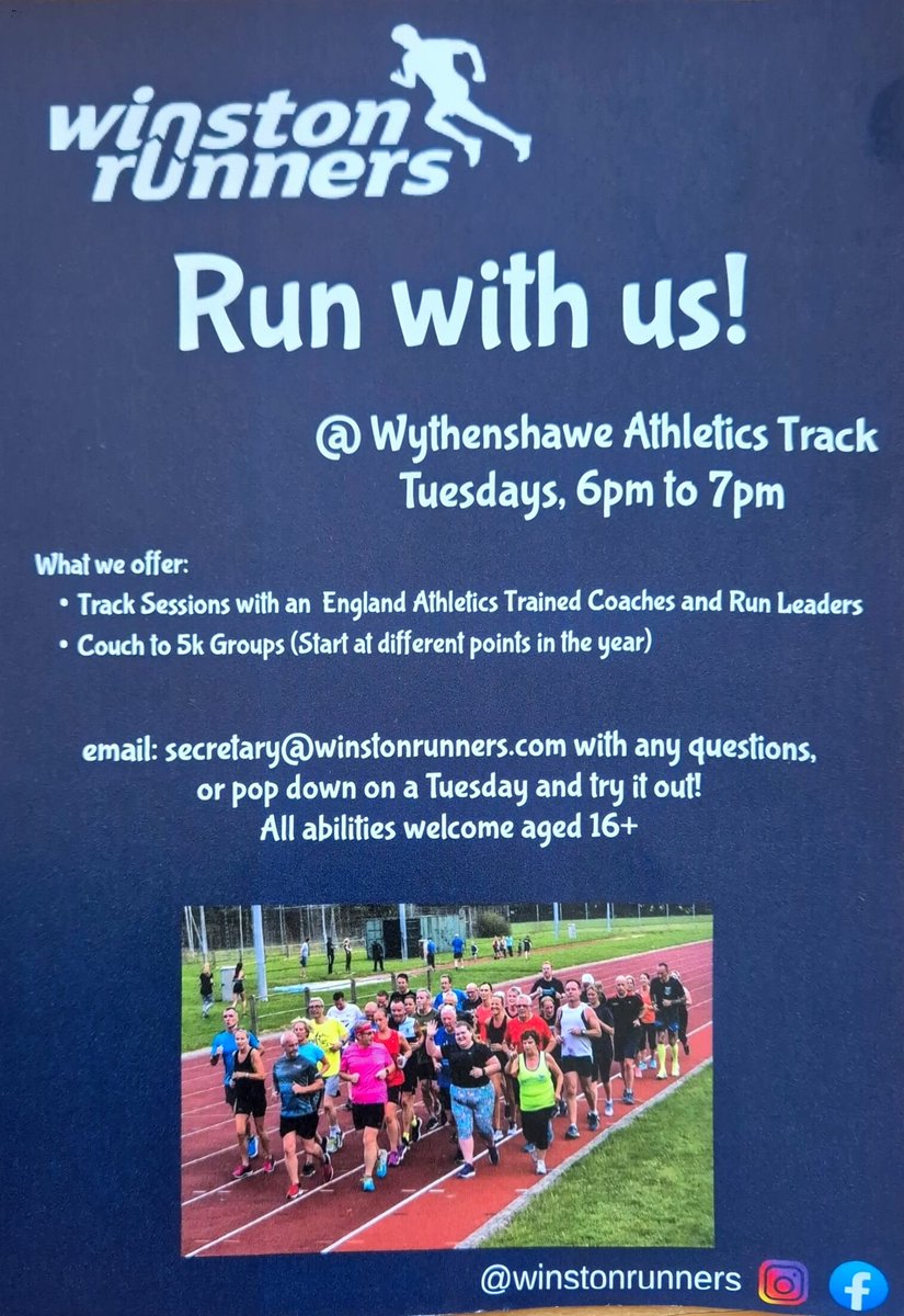 Southsidemag's tweet photo. Looking to get active, improve your fitness, or meet like-minded runners? Join Winston Runners every Tues from 6–7pm at Wythenshawe Athletics Track. All abilities are welcome! Ages 16+ #WinstonRunners #RunWithUs #CouchTo5K #Wythenshawe #RunningCommunity #FitnessForAll https://t.co/otXgYgm4wy