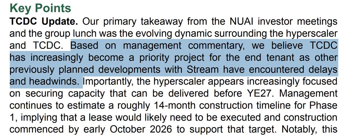 litigious_dulce's tweet photo. I'll be brief. Based on the highlighted sentence from the recent Northland company update, I believe the probability of $NUAI closing a hyperscaler deal by October 2026 is basically 100%. In fact, I believe October is the line in the sand, and the signing date will likely be late July or early August. Therefore, it would make sense for all data center investors (e.g., investors in $IREN, $WULF, $CIFR, $APLD, $HUT, etc.) to have some exposure to NUAI by August, even if only a lotto position.