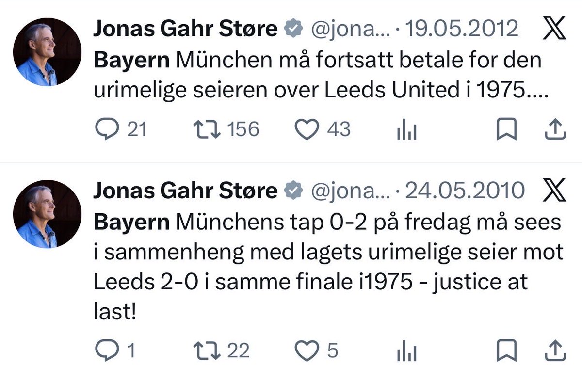 ashleyberkowitz's tweet photo. Folk hater på målfeiringen til Støre, men han har altså de to sterkeste fotballtweetsene noen norsk politiker har gjort på CV’en https://t.co/PZrpHahzWh
